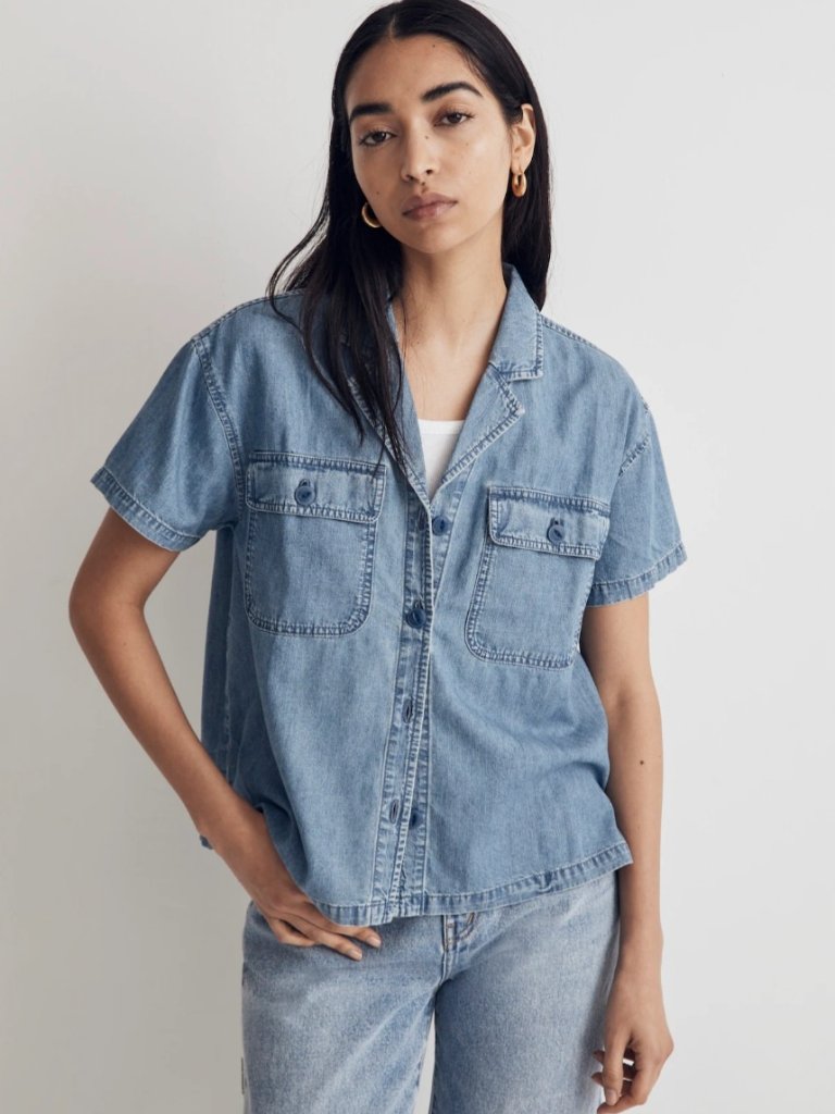 Madewell Denim Camp Shirt Button-Up In Holcrest Wash Size Xs